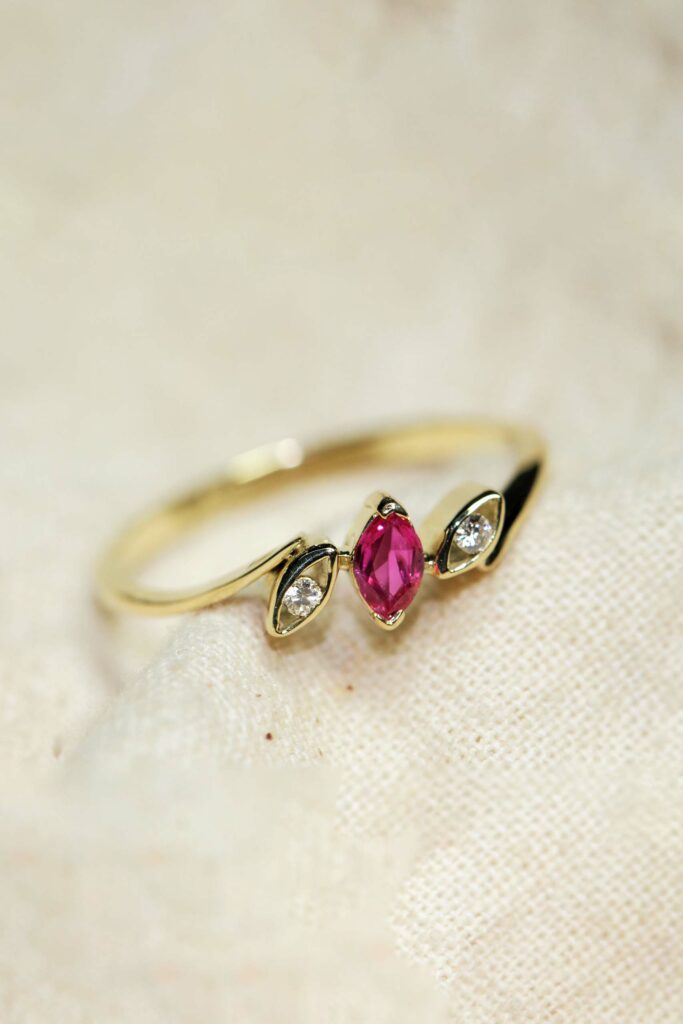 14K Gold Ring Set With Pink Sapphire & Diamonds
