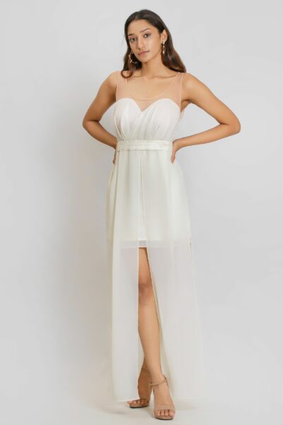 Off White Chiffon Panel Gown With Embellishments
