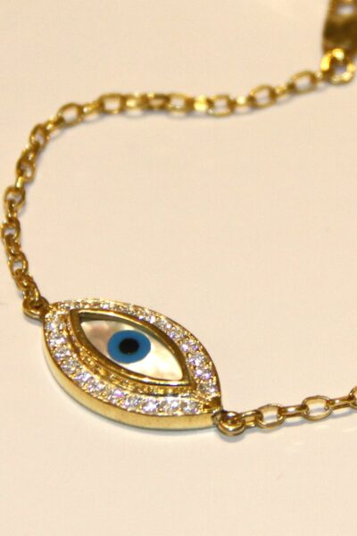 18K Gold Plated Silver Evil Eye Bracelet Set With Mother Of Pearl & American Diamonds