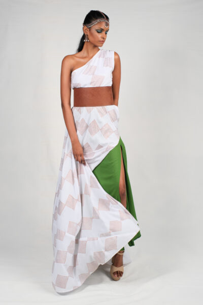 White Long Dress With Slit - Square Print