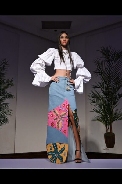 Sendisi The Randoli Blue Denim Skirt With Batik Patch Work