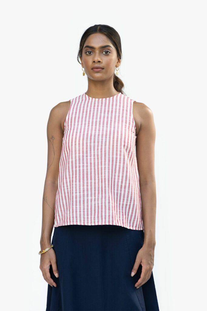 Taylor High Neck Top With Back Tie - Stripe