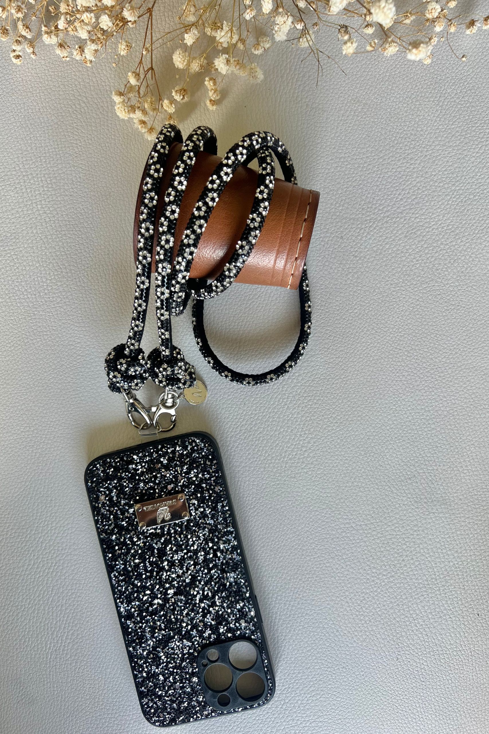 Sparkly Phone Strap Black Shiny (Flower)