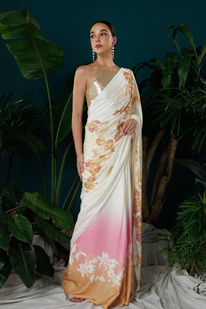 Gold & Pink Orchids With Embellishments Saree