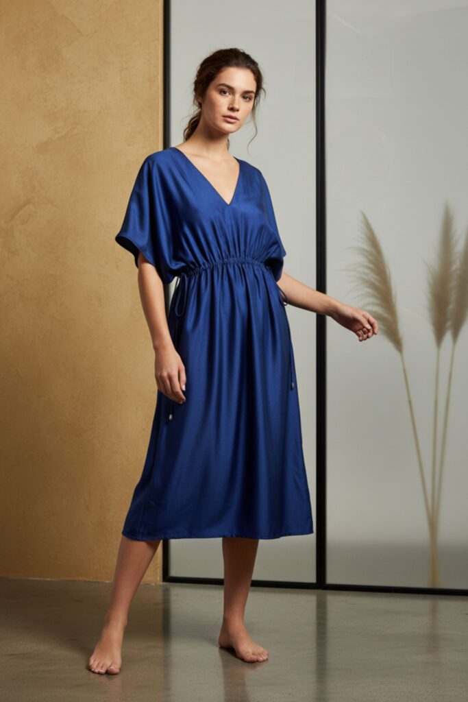 Blue Silk Kaftan With Drawstring Waist Detail