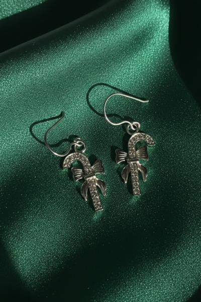 Sterling Silver Candy Cane & Bow Earrings