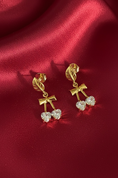 Sterling Silver 18K Gold Plated Cherry Heart Earrings With Clear Quartz