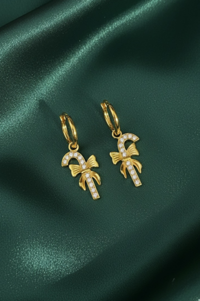 Sterling Silver 18K Gold Plated Candy Cane & Bow Hoop Charm Earrings