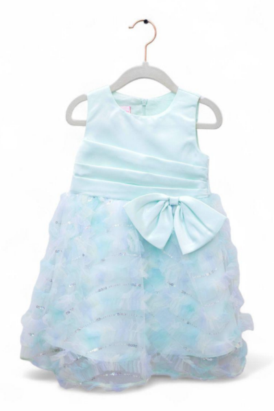 Girls Sleeveless Bow Layered Tulle Party Dress In Ombré Blue
