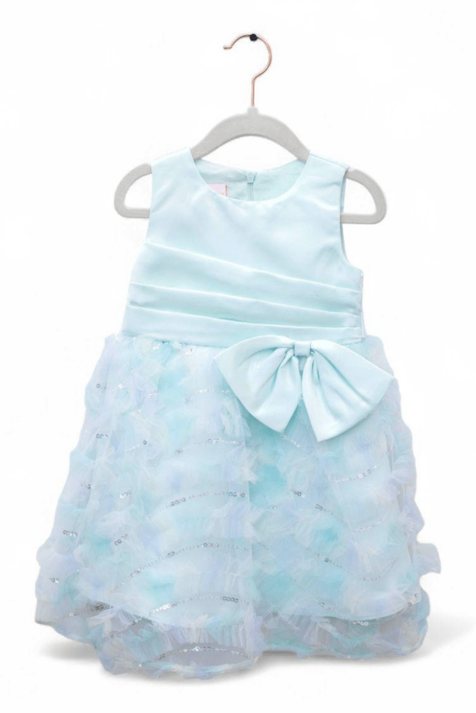 Girls Sleeveless Bow Layered Tulle Party Dress In Ombré Blue