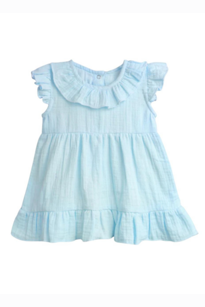 Girls Super Soft Muslin Cotton Flutter Sleeve Dress - Blue
