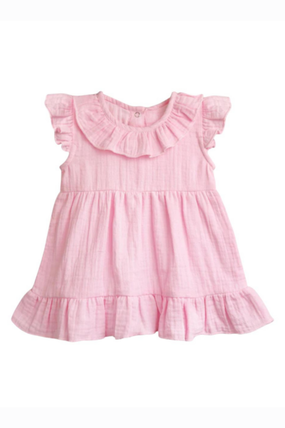 Girls Super Soft Muslin Cotton Flutter Sleeve Dress - Pink