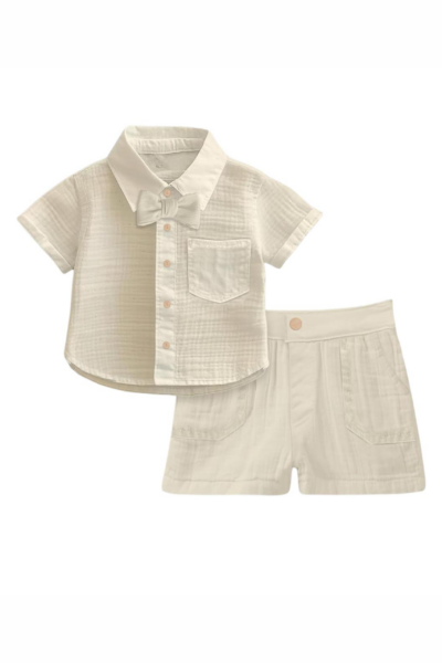 Boys Muslin Cotton Shirt + Shorts Co-ord With Bow Tie - Cream