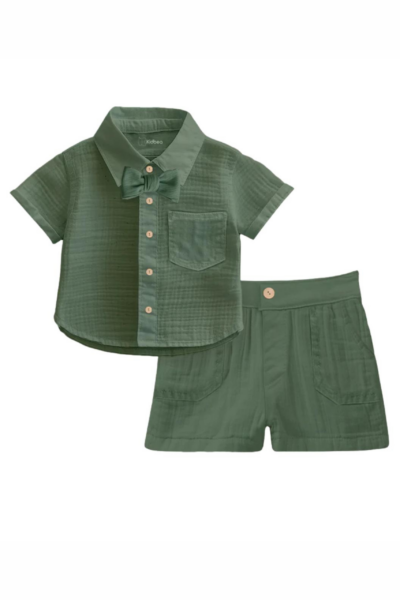 Boys Muslin Cotton Shirt + Shorts Co-ord With Bow Tie - Green