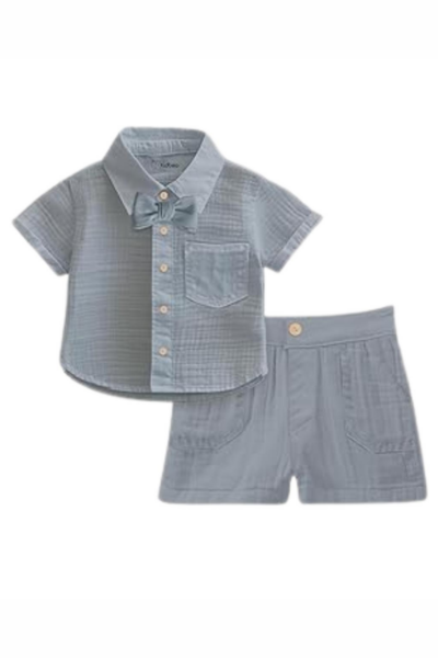Boys Muslin Cotton Shirt + Shorts Co-ord With Bow Tie - Grey