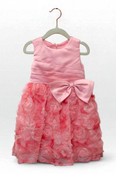 Girls Sleeveless Rossette Bow Tulle Party Dress In Pink