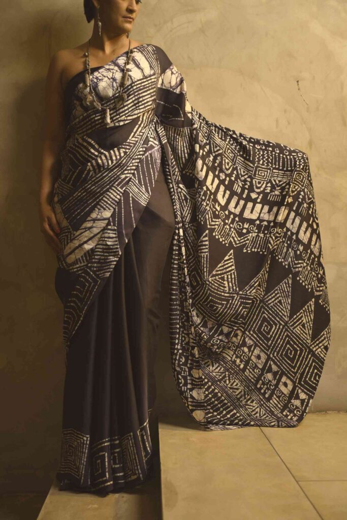 Silk Tie Dye Saree With Black Jacket