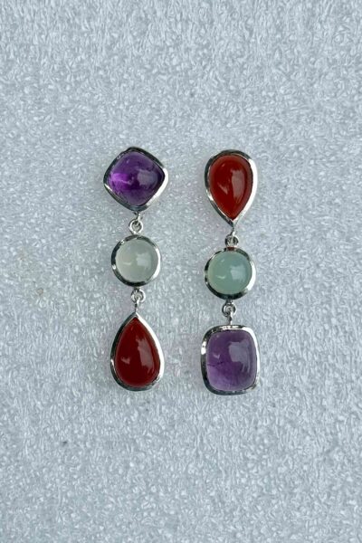 Green & Red Agate & Amethyst Mismatched Earrings