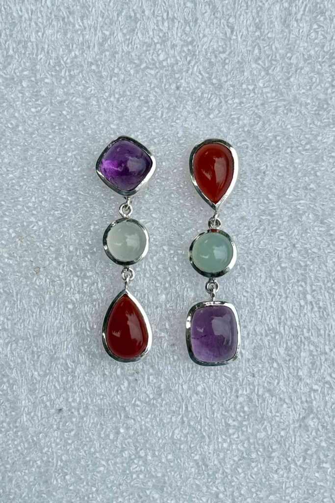 Green & Red Agate & Amethyst Mismatched Earrings