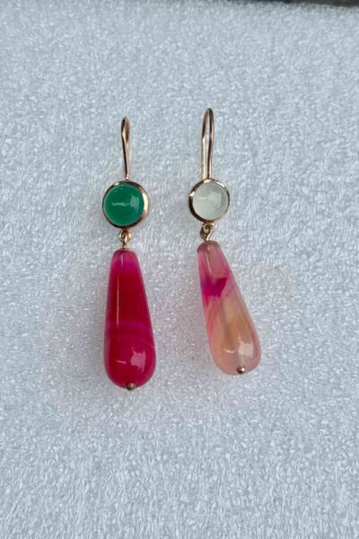 Green Onyx, Green Agate & Pink Agate Mismatched Earrings