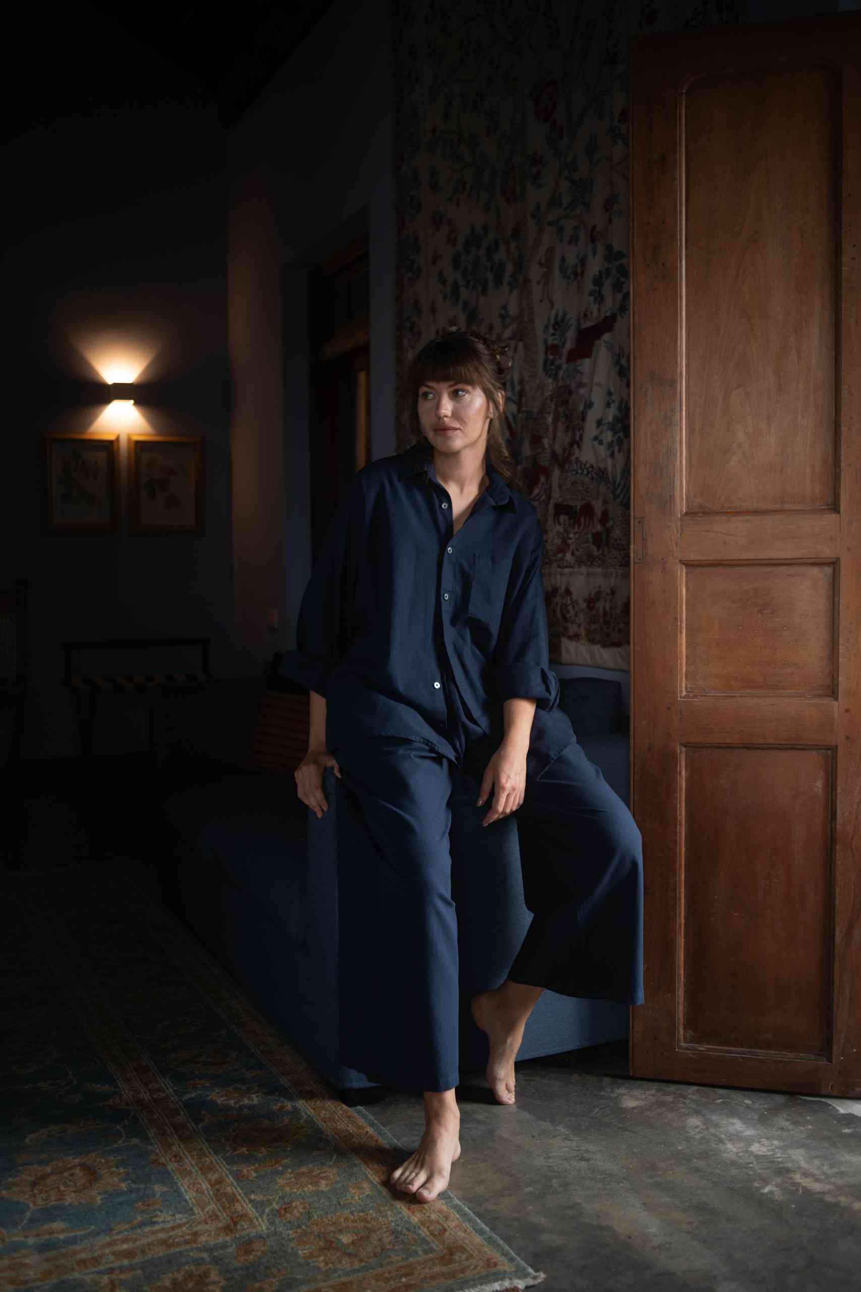 Linen Long Sleeve Shirt Navy - Image 2