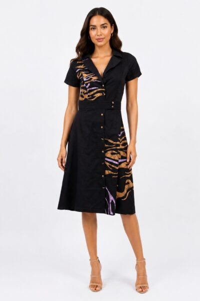 Colloared Wrap Dress-Black