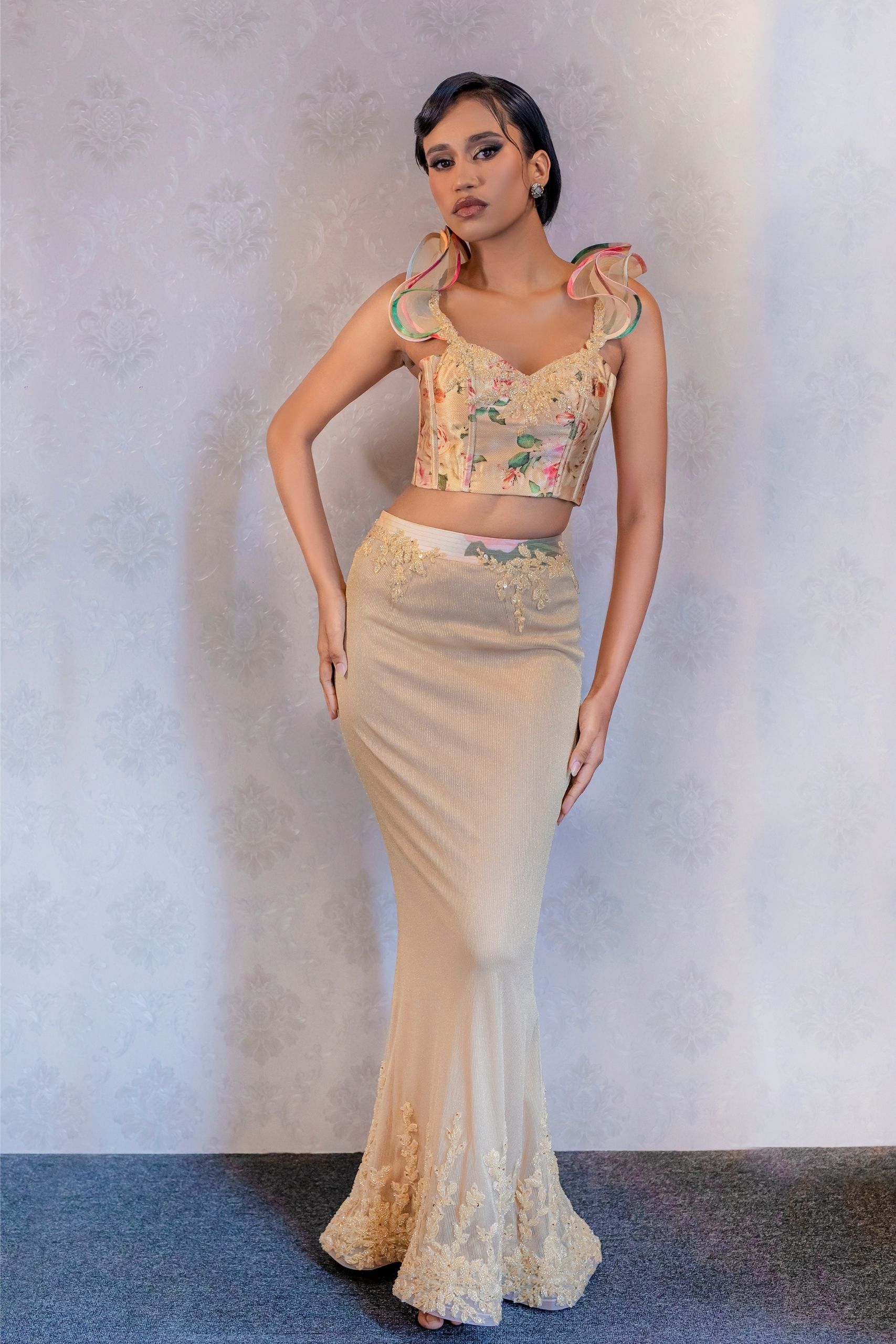 Gold Floral Ruffle Top