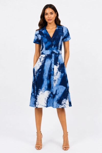 Colloared Wrap Dress-Blue