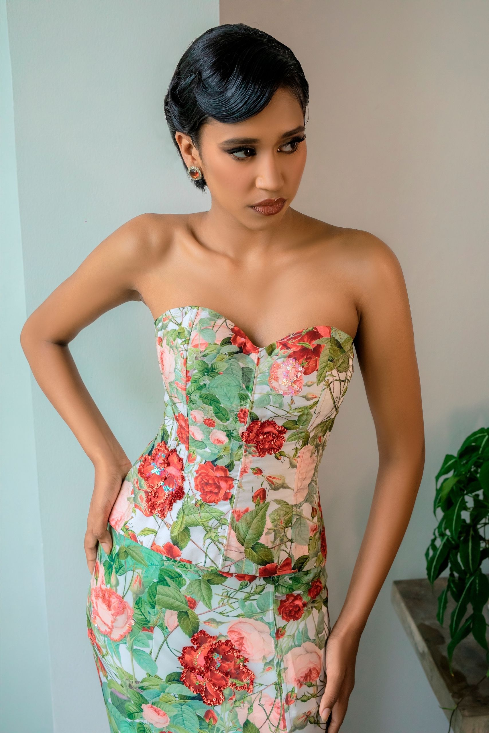 Red Floral Long Corset