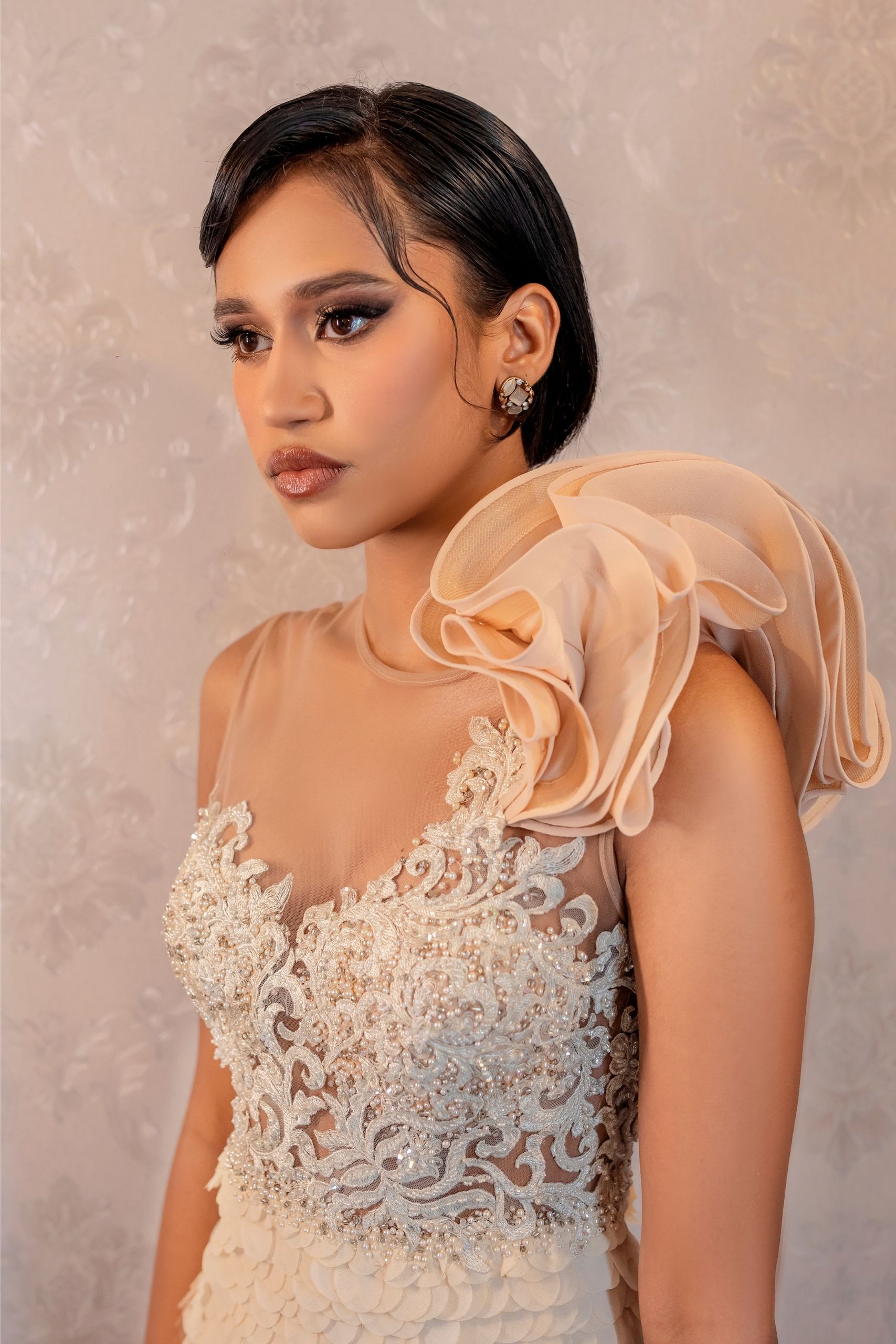 Beige Shoulder Ruffle Gown - Image 2