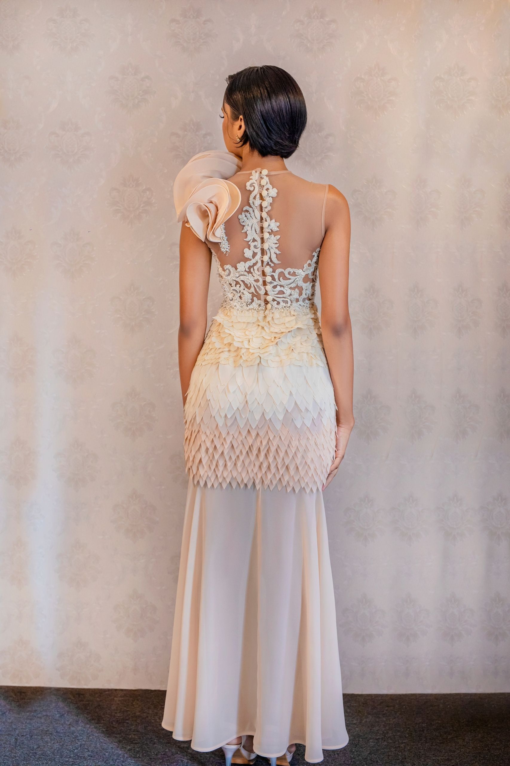 Beige Shoulder Ruffle Gown - Image 3