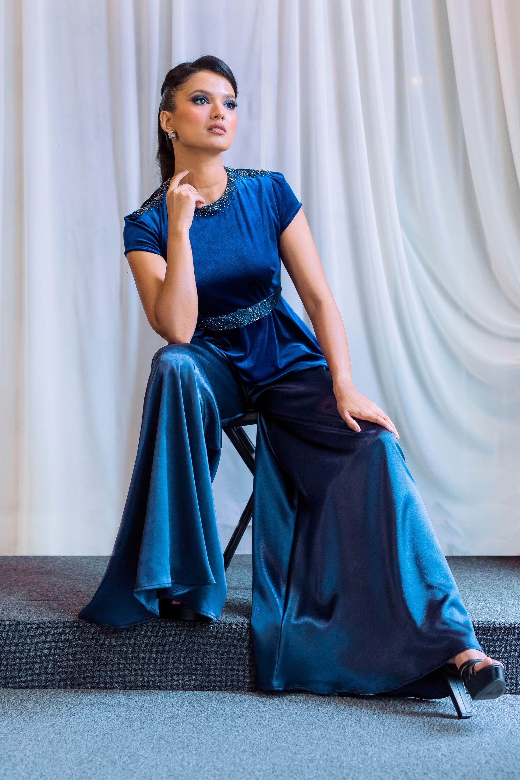 Blue Velvet Peplum Top - Image 2