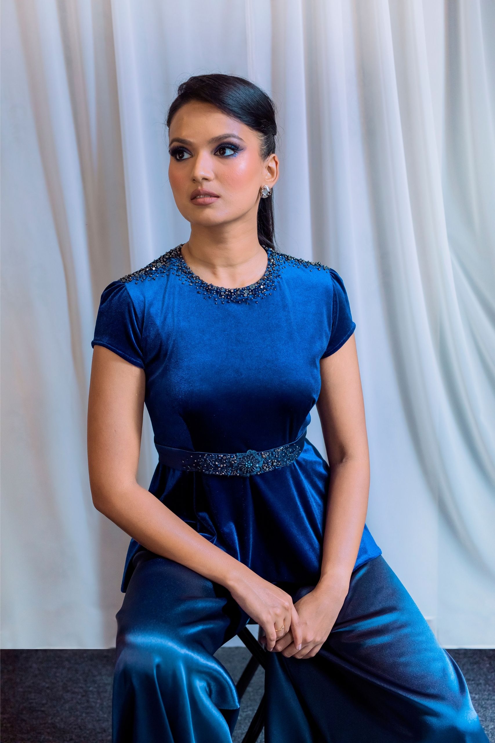 Blue Velvet Peplum Top