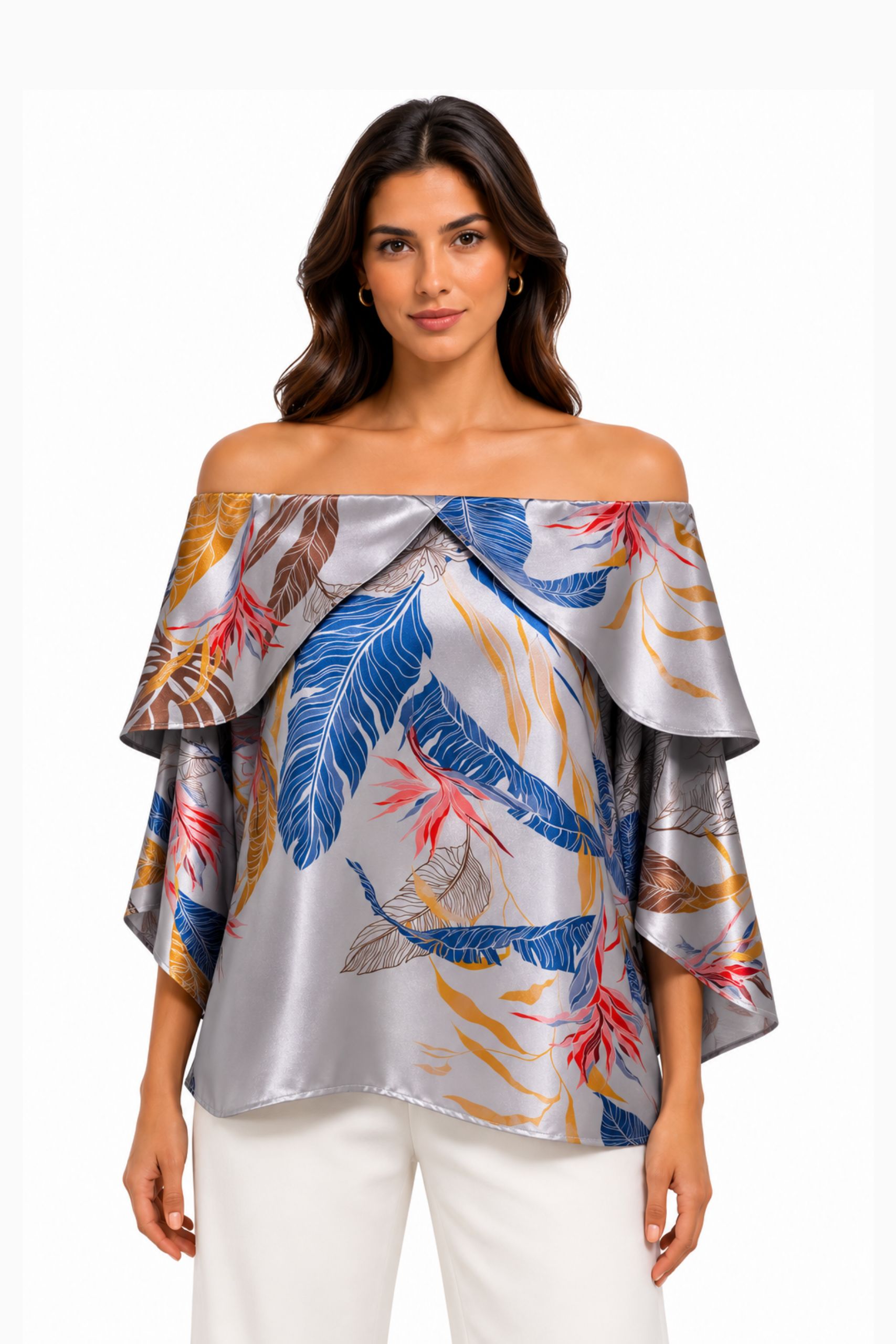 Grey Tropical Floral Off Shoulder Top