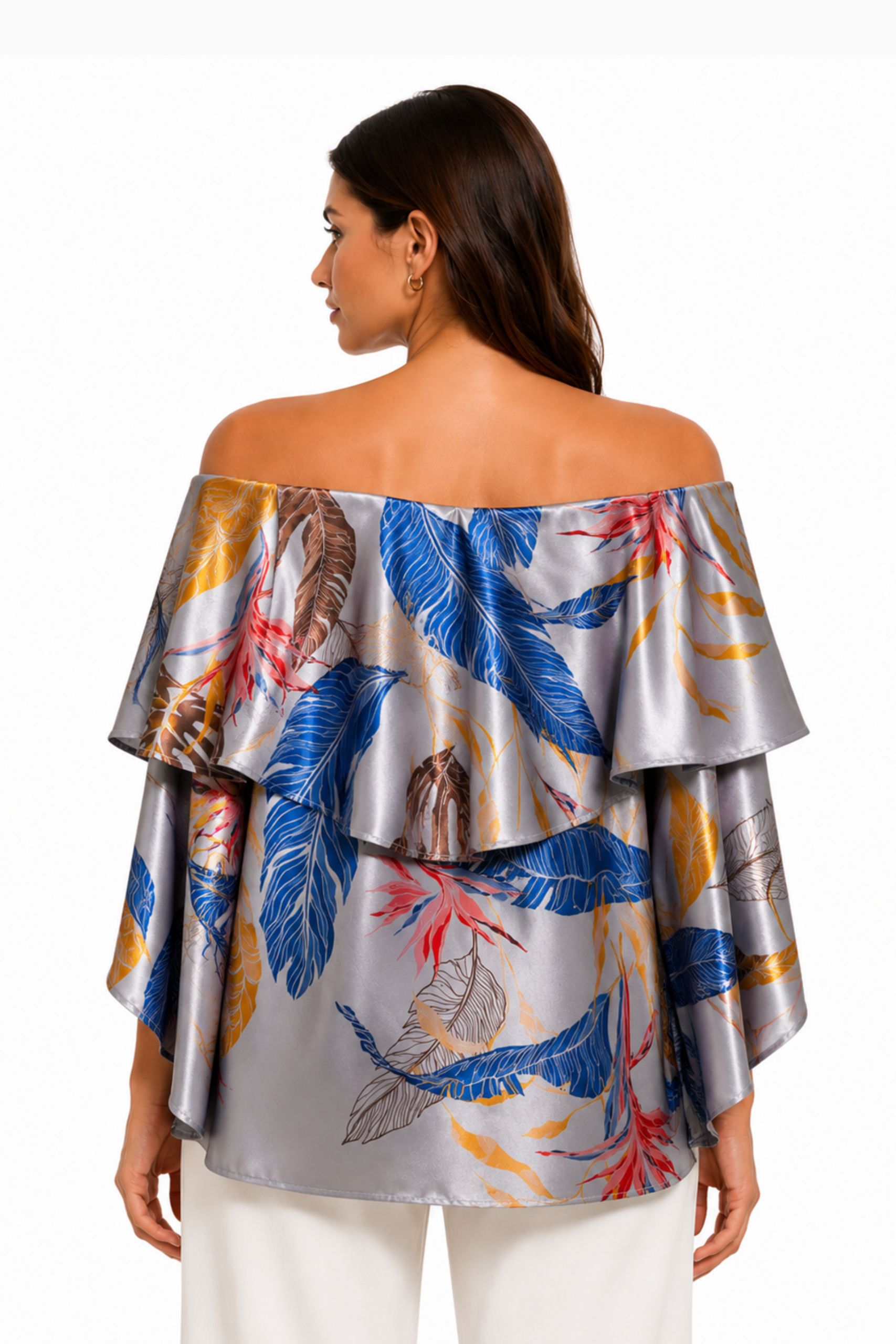 Grey Tropical Floral Off Shoulder Top - Image 2