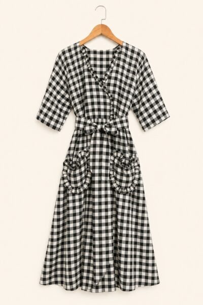 Heart Pocket Black & White Checkered Dress
