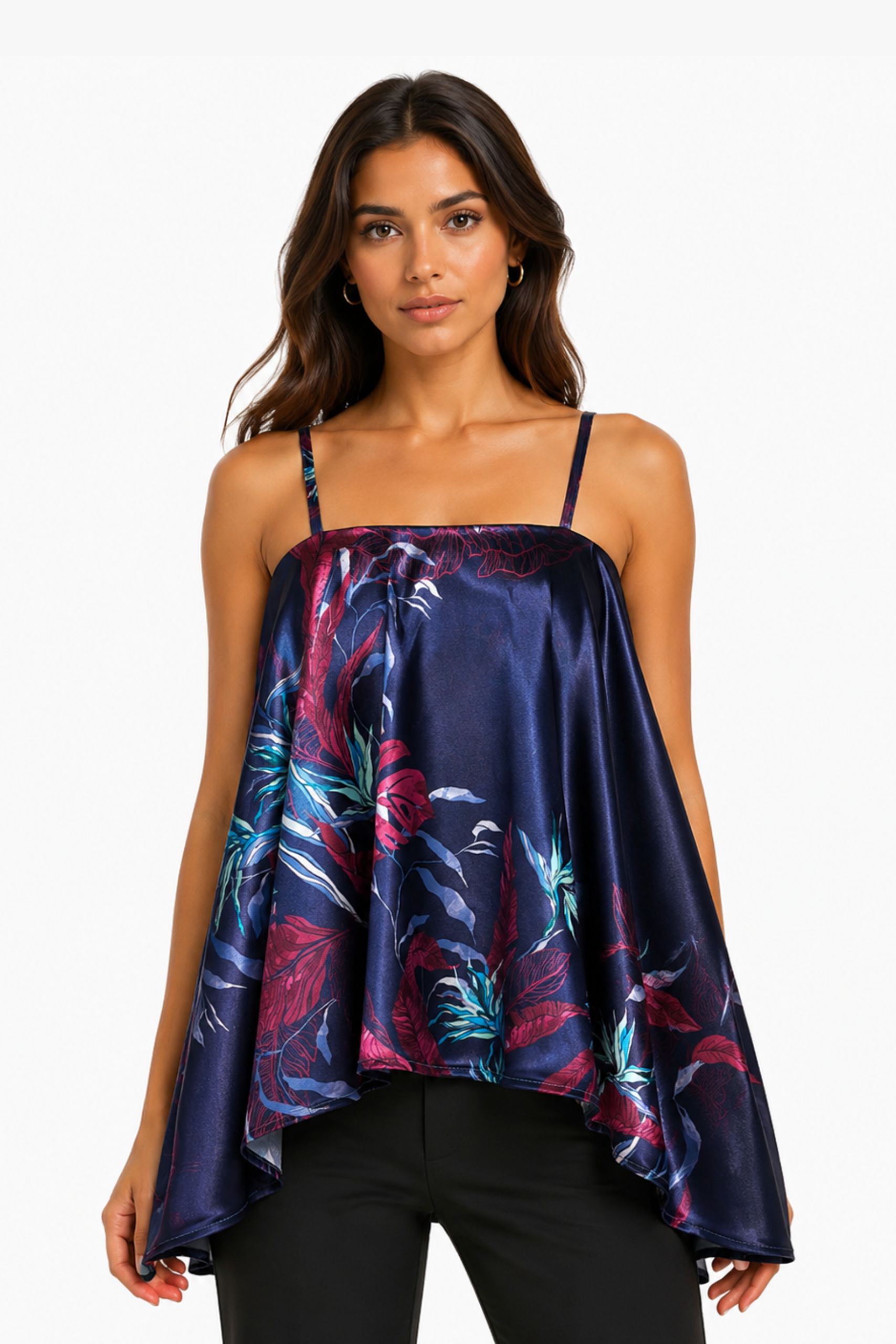 Blue Tropical Floral Flared Top