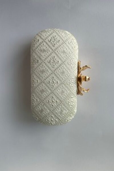 White Motif Capsule Clutch With Orchid Knob