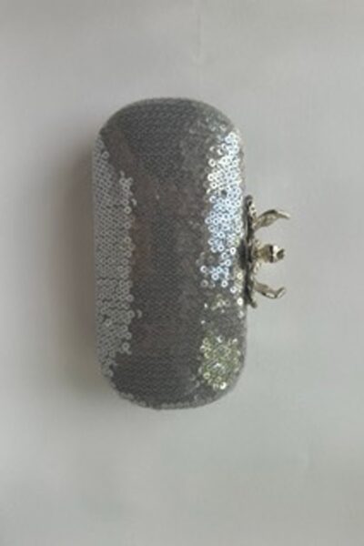 Silver Sequin Capsule Clutch With Orchid