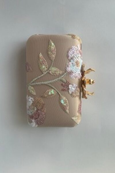 Sequin Floral Beige Rectangle Clutch With Orchid