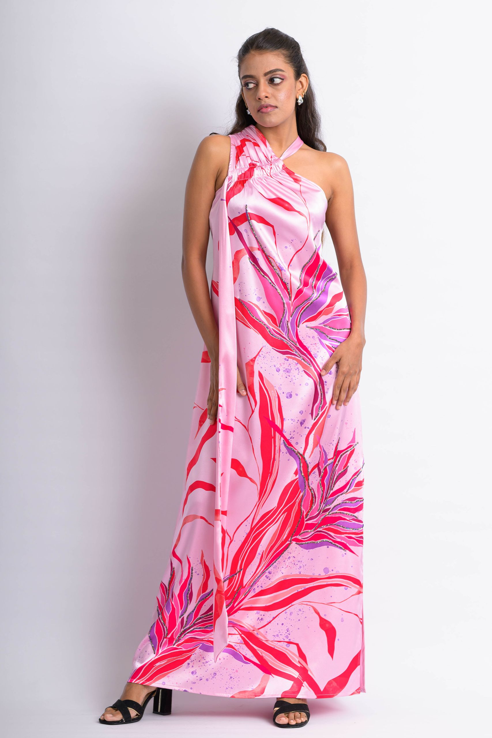 Pink & Red Tropical Floral One Shoulder Dress - Image 2