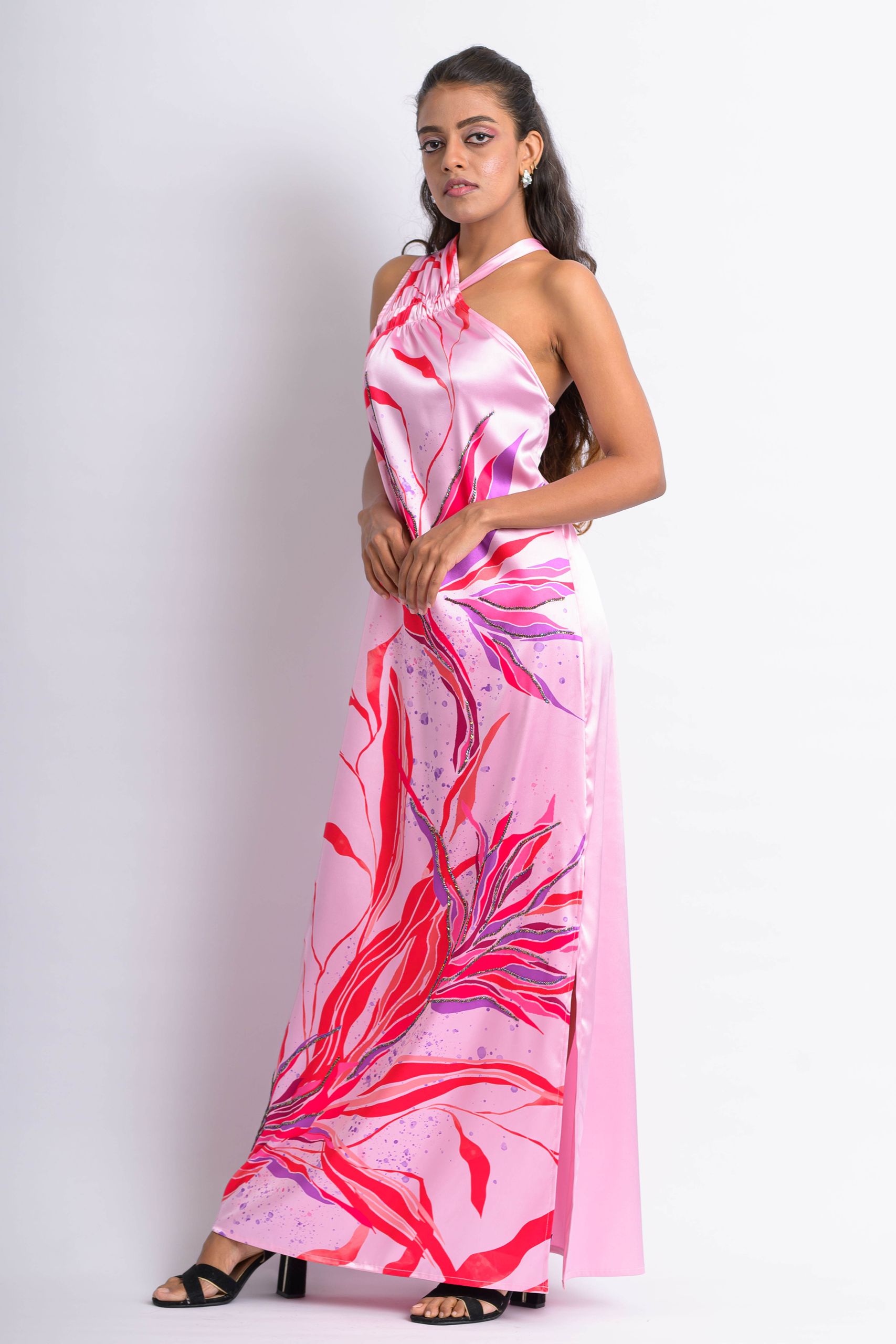 Pink & Red Tropical Floral One Shoulder Dress