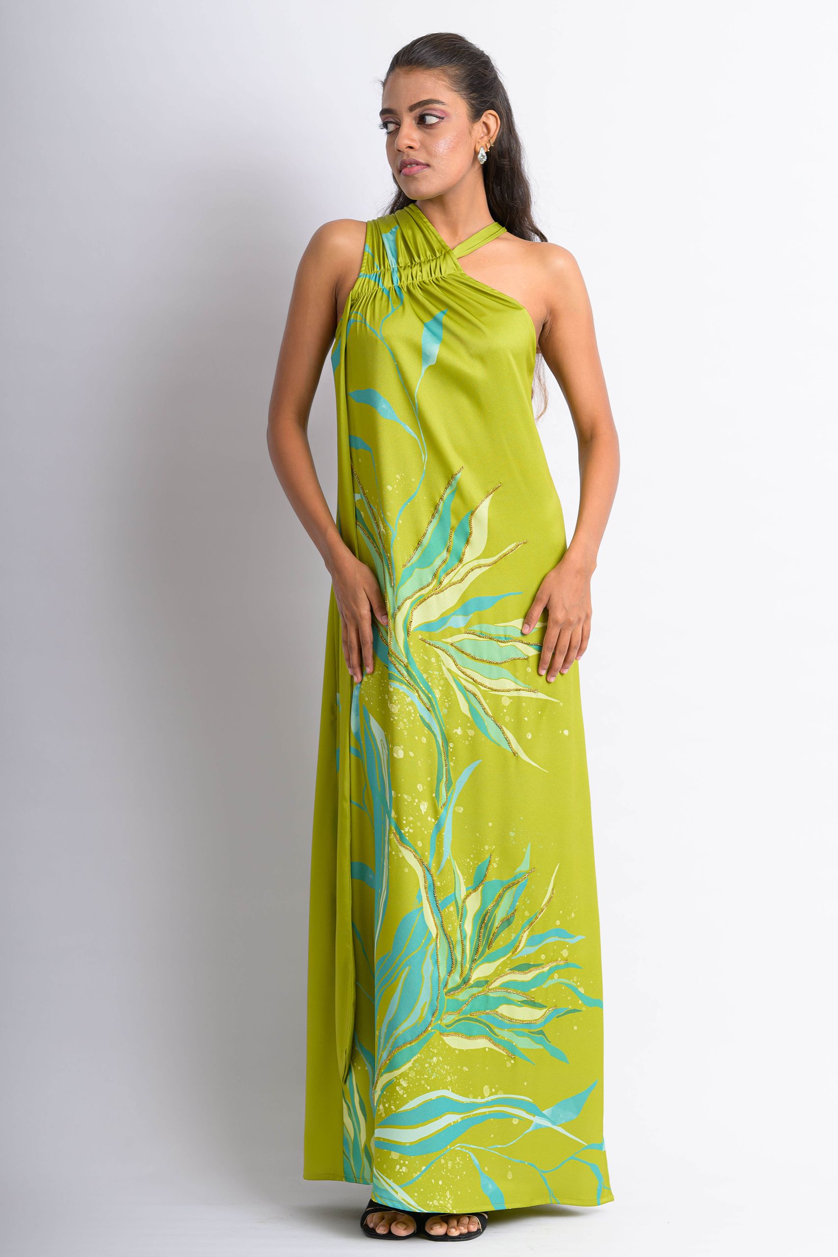 Green Tropical Floral One Shoulder Dress - Image 2