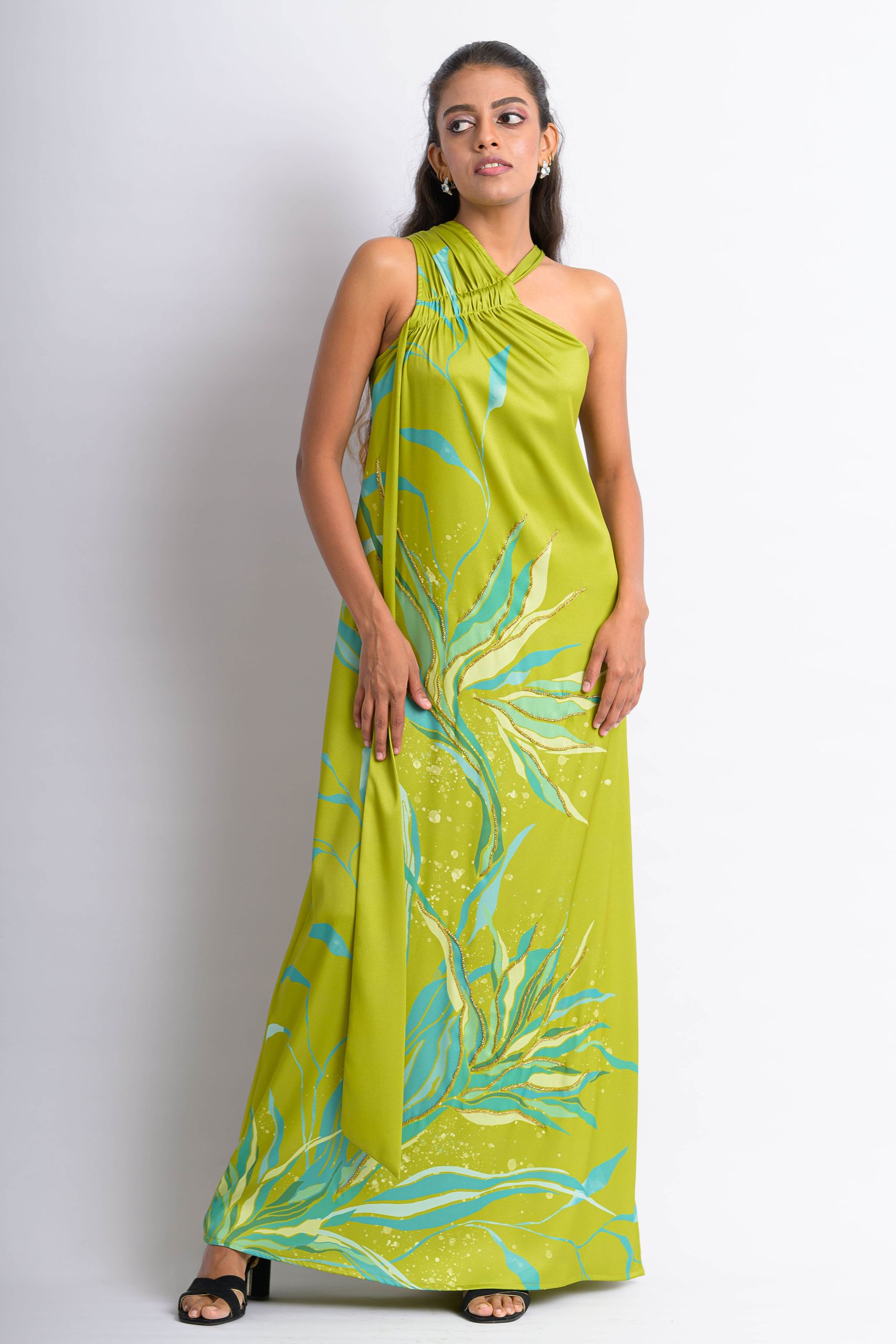 Green Tropical Floral One Shoulder Dress
