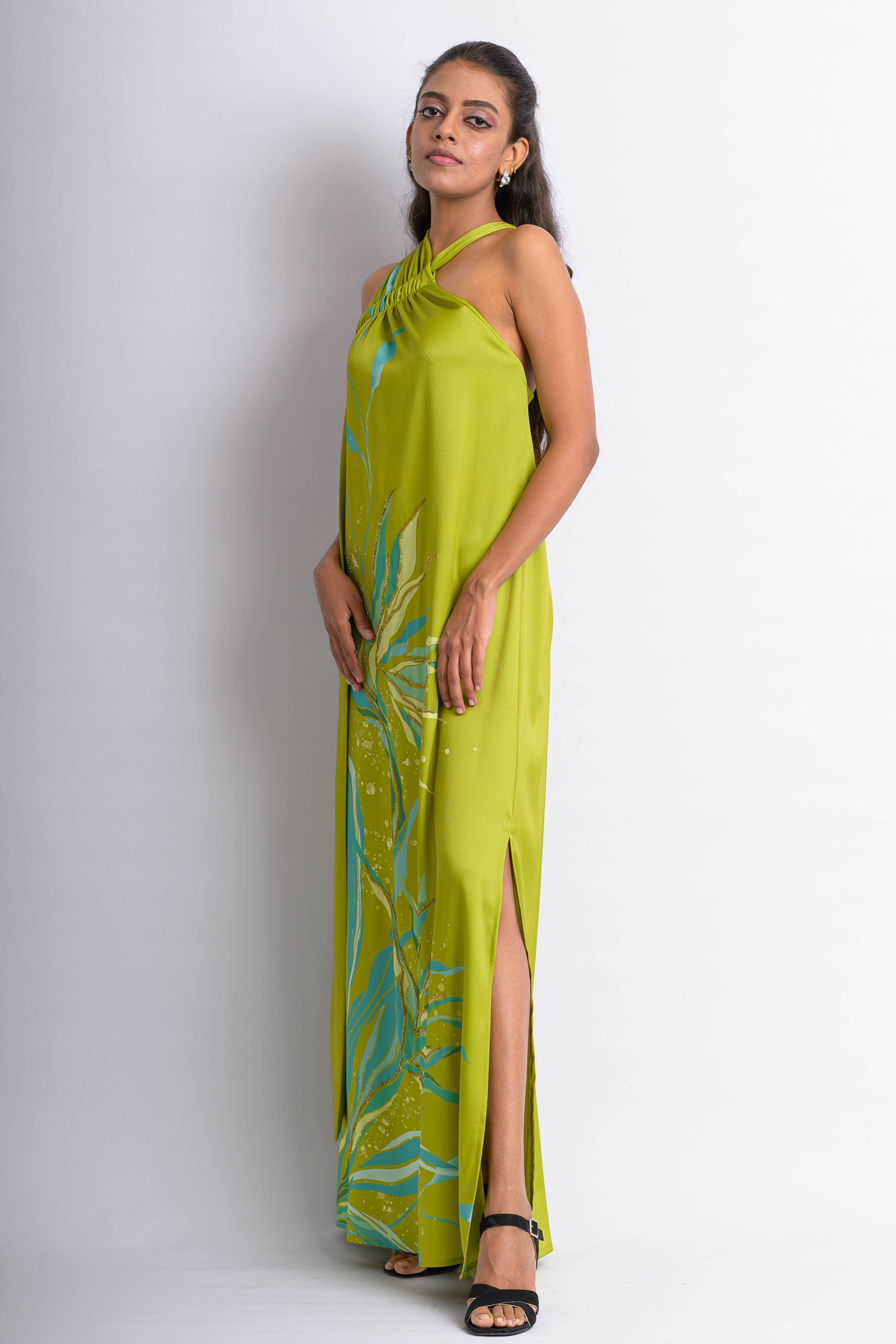 Green Tropical Floral One Shoulder Dress - Image 3