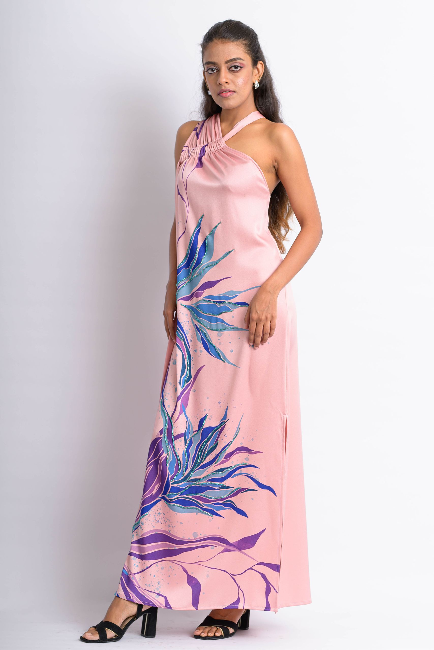 Pink Tropical Floral One Shoulder Dress