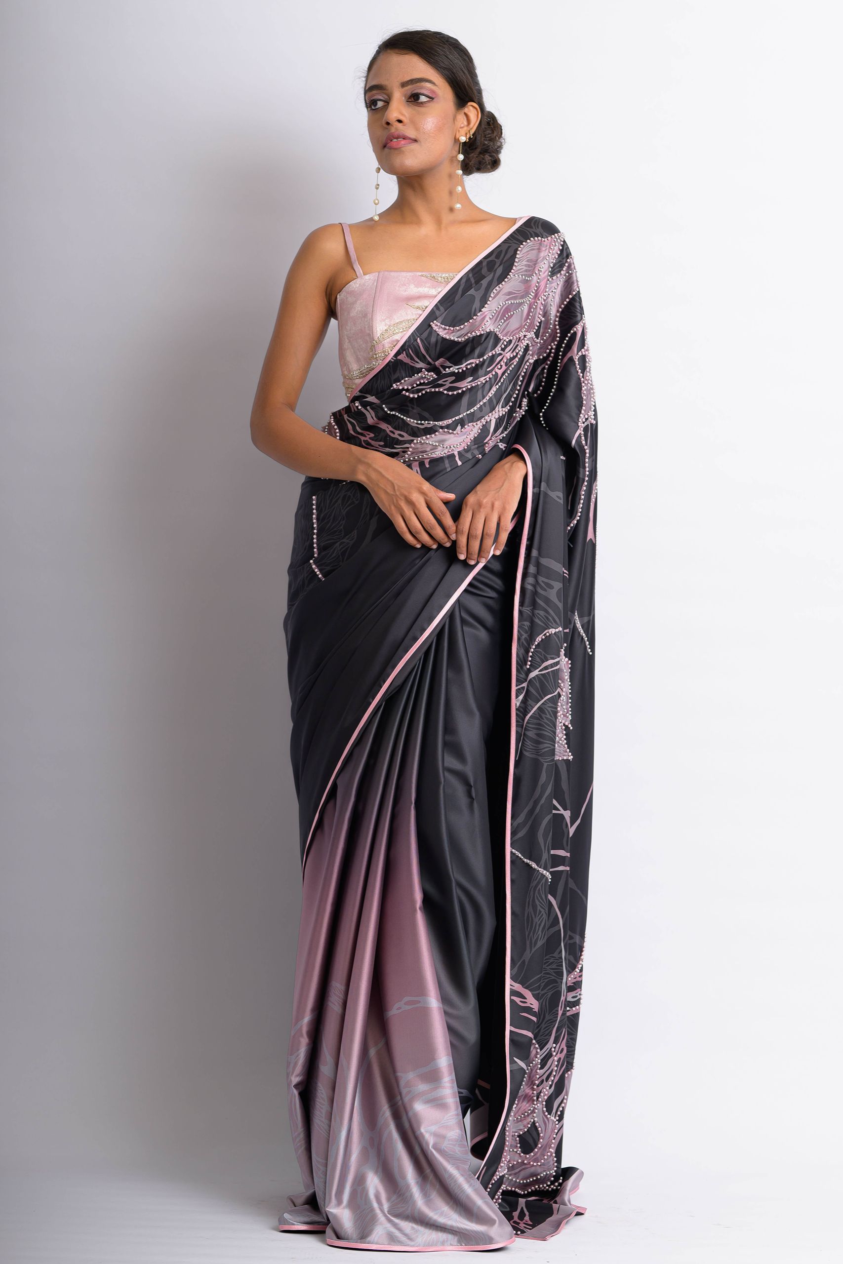 Black & Pink Romantic Floral Saree