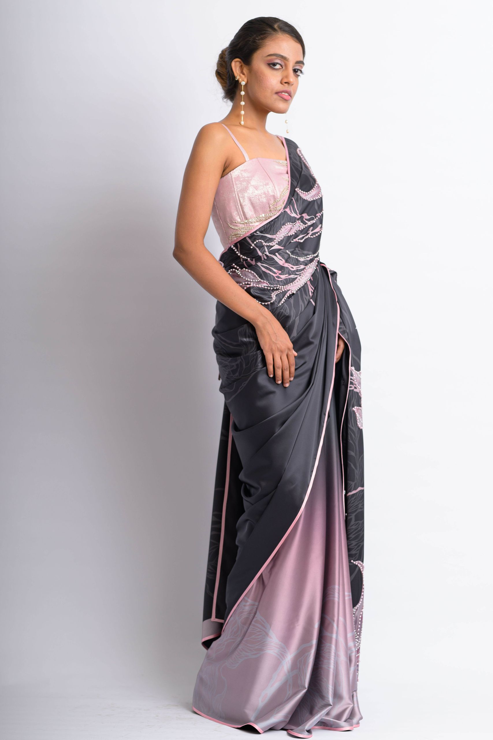 Black & Pink Romantic Floral Saree - Image 3