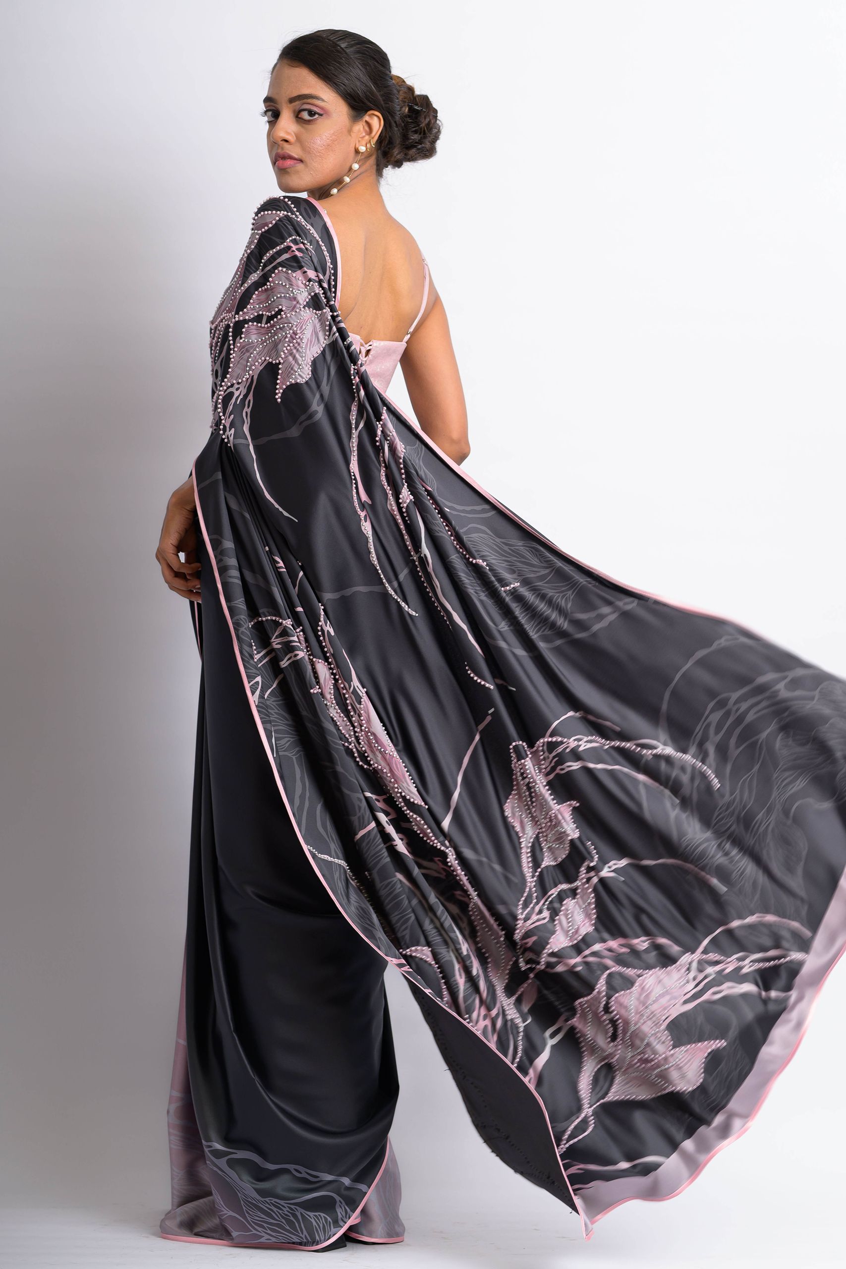 Black & Pink Romantic Floral Saree - Image 2
