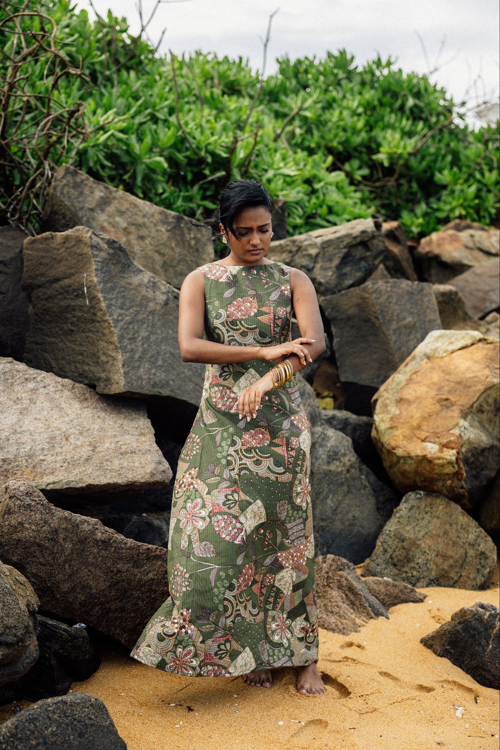 Eden, Olive Green Printed Dress